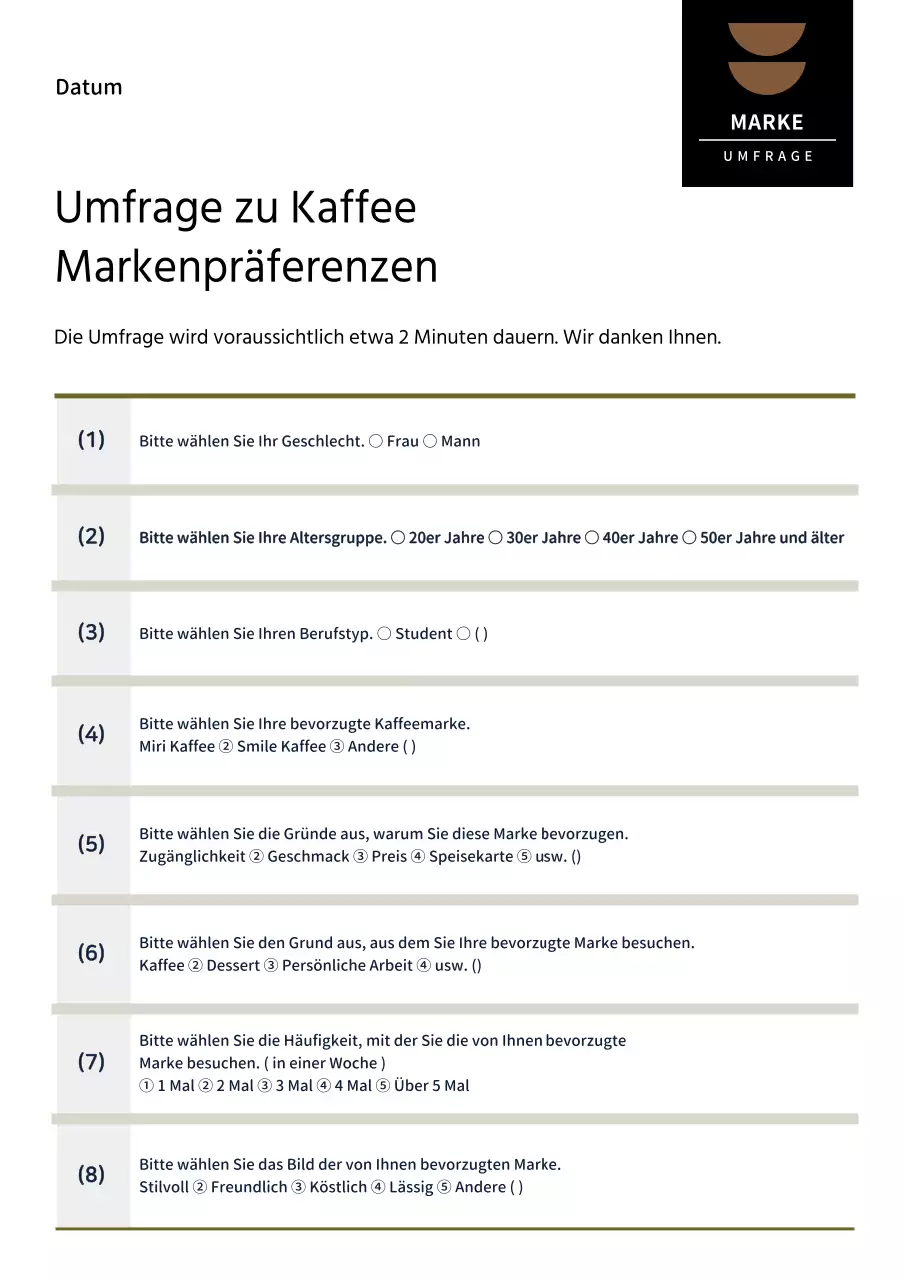 Eine Umfrage über die Präferenzen von Kaffeemarken in Beige