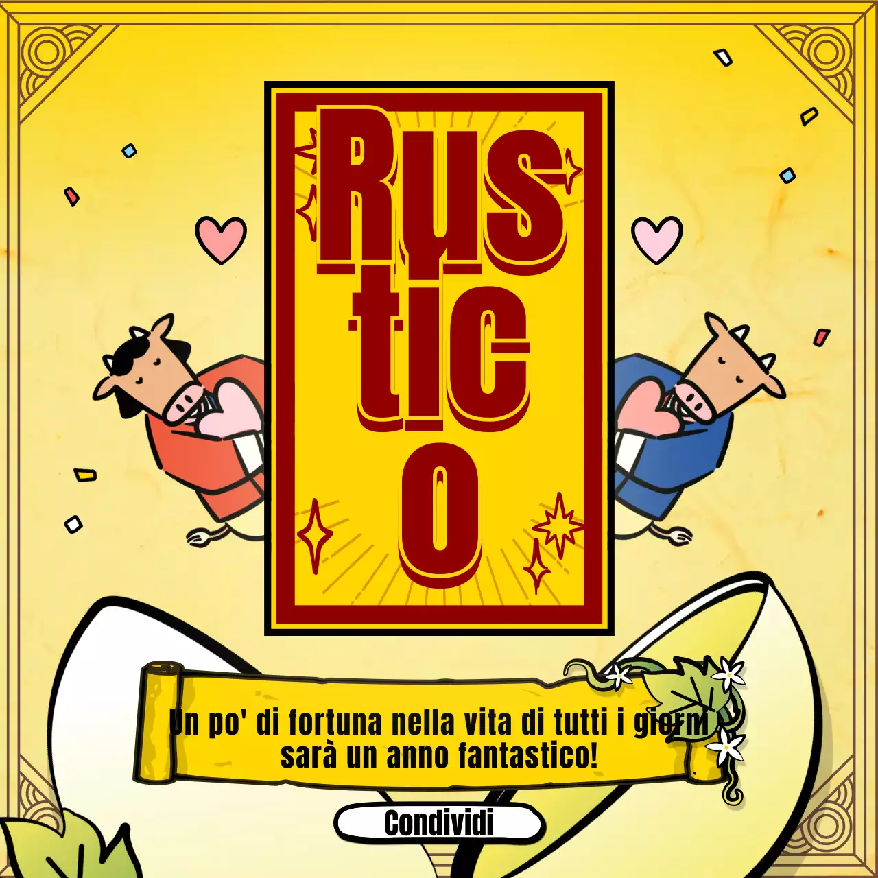 Cartomanzia di Capodanno con l'illustrazione del personaggio tradizionale della mucca gialla