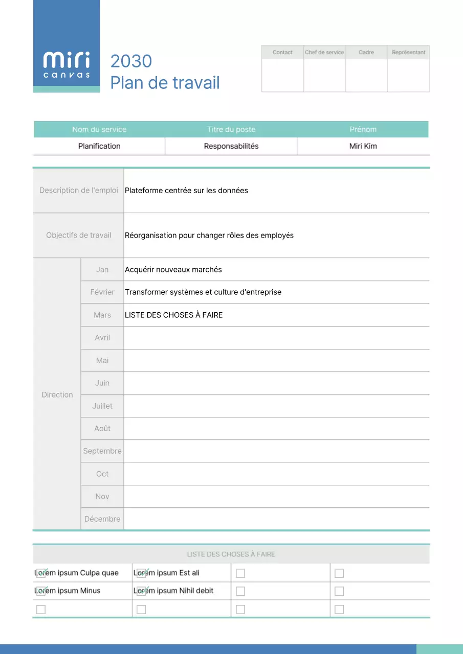 Plan de travail annuel mensuel en bleu et menthe