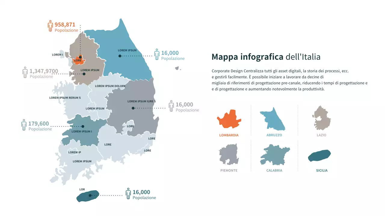 Diagramma della popolazione della Corea del Sud su una mappa della penisola coreana in blu e arancione.