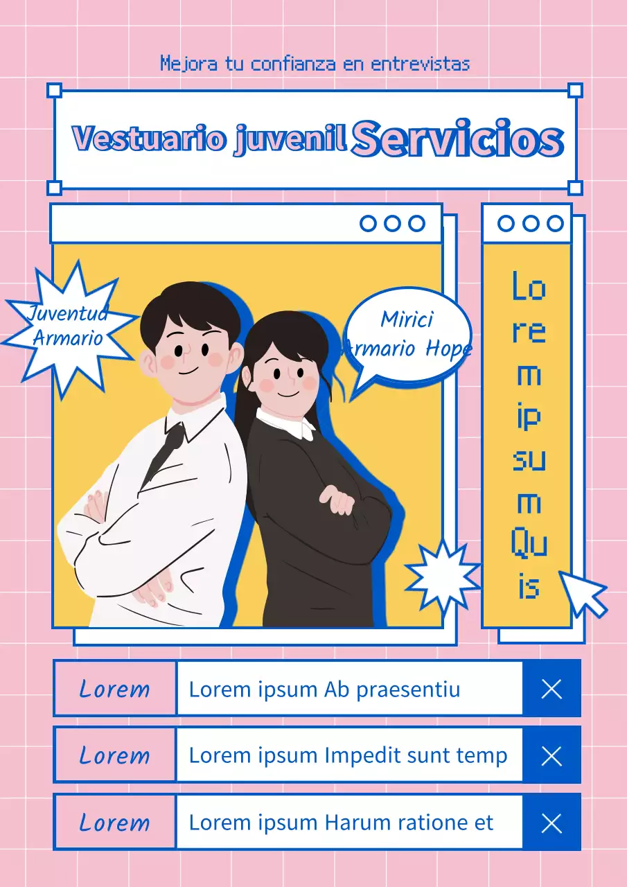 Ilustración de un concepto de caja de búsqueda en Internet en azul y amarillo para un servicio de alquiler de trajes para entrevistas de trabajo.