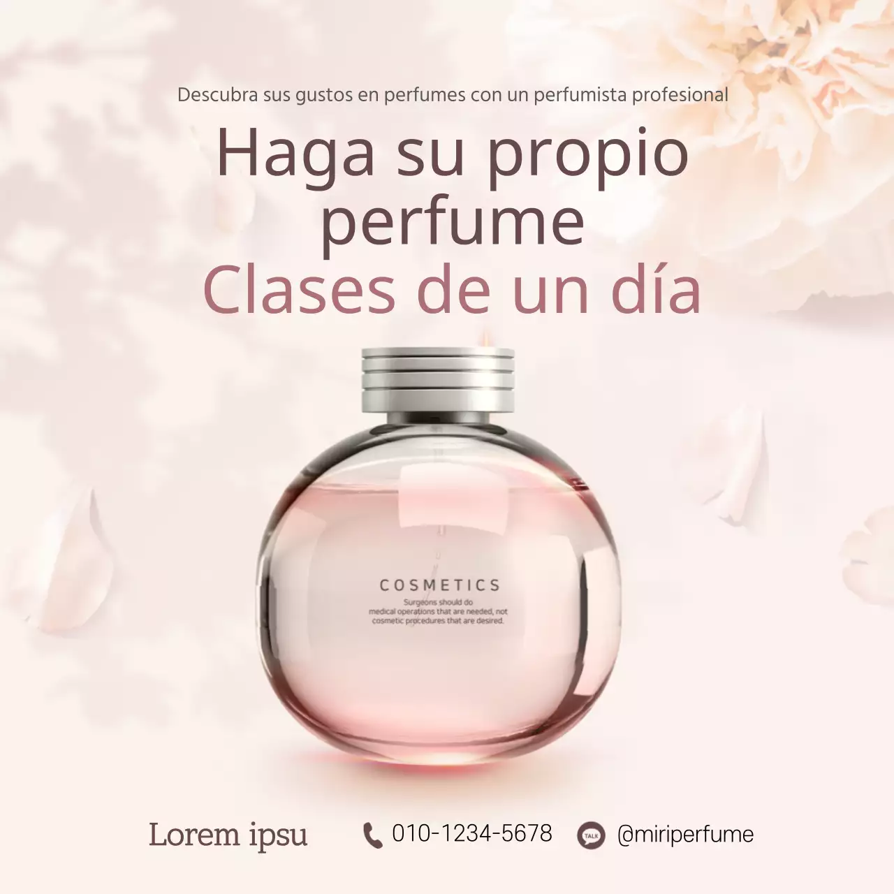 Diseño promocional para una clase de un día sobre la creación de tu propio perfume en tonos rosa claro