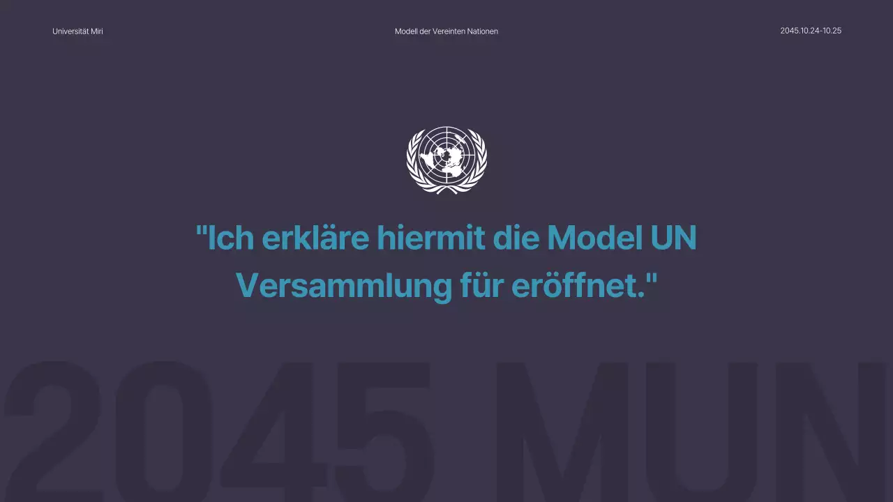 Schlichte blaue und marineblaue Präsentation für eine UN-Konferenz