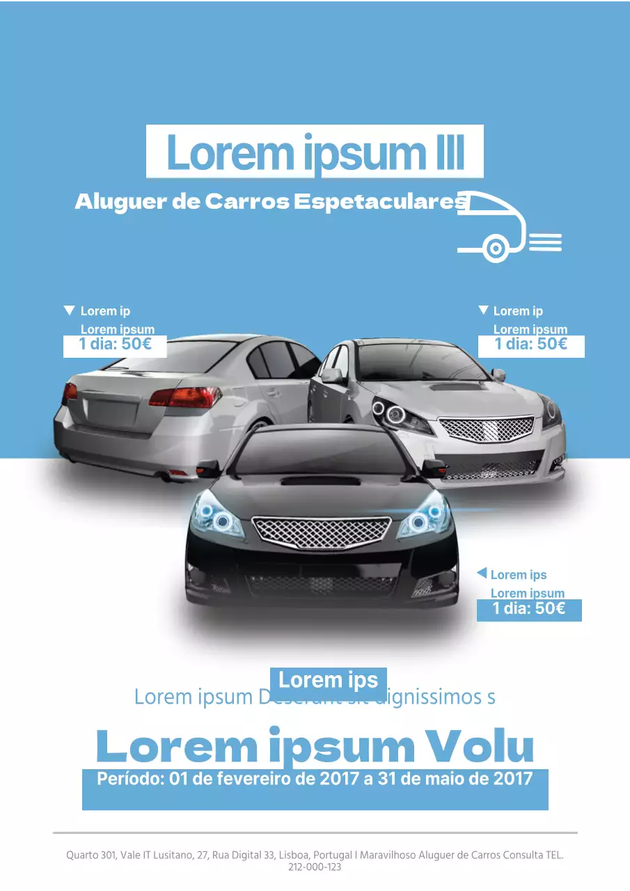 Folheto promocional simples, azul claro, de uma agência de aluguer de automóveis