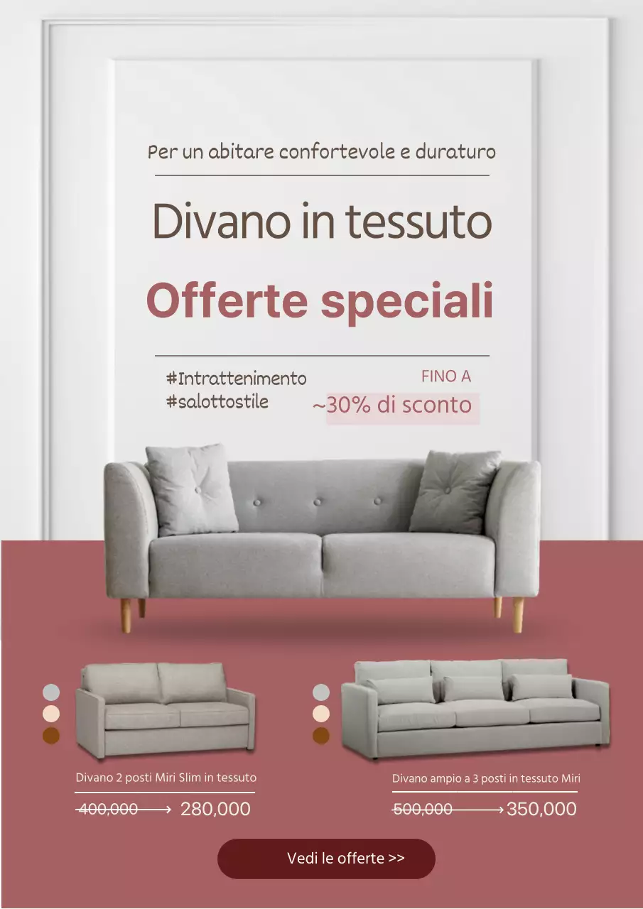 Manifesto web che promuove la vendita di un divano moderno di colore rosa.