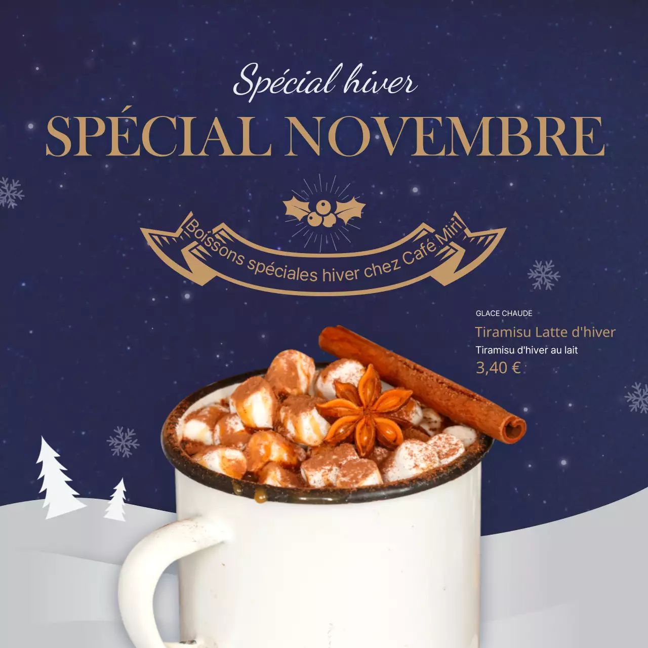 Boissons de café sur le thème de Noël bleu marine