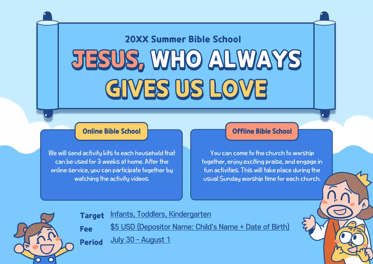 Blue Playful Bible School Announcement Poster