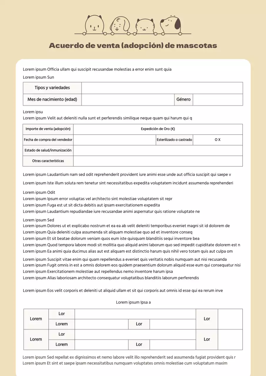 Contrato de adopción para la venta de mascotas en tonos beige