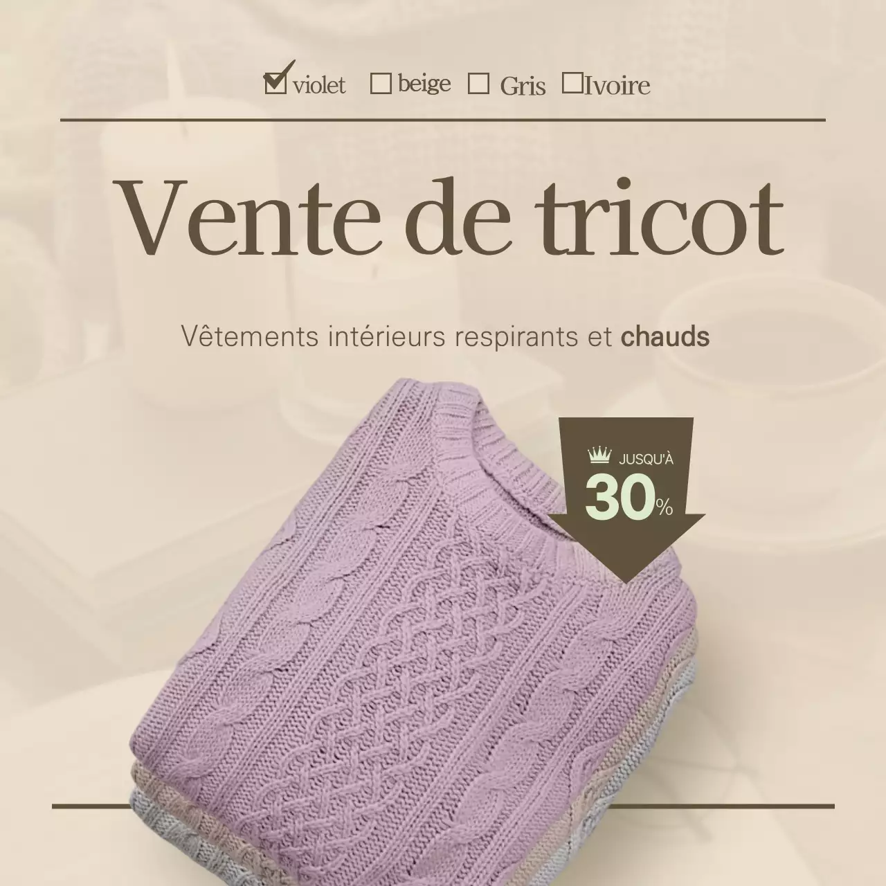 Tricotage d'hiver beige, aspect magazine épuré, design événementiel