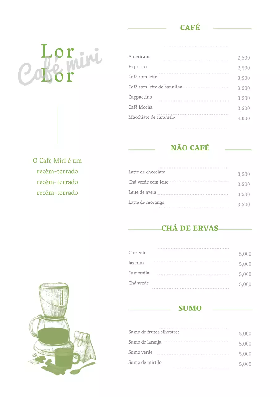 Cartaz de menu de café ilustrado a caneta em branco e verde lima