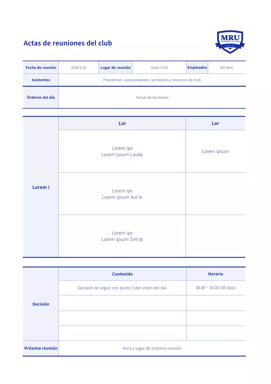 Material básico de reunión del club azul y blanco