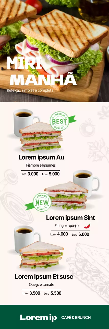 Menu de sandes de restaurante limpo com destaque para fotografia verde