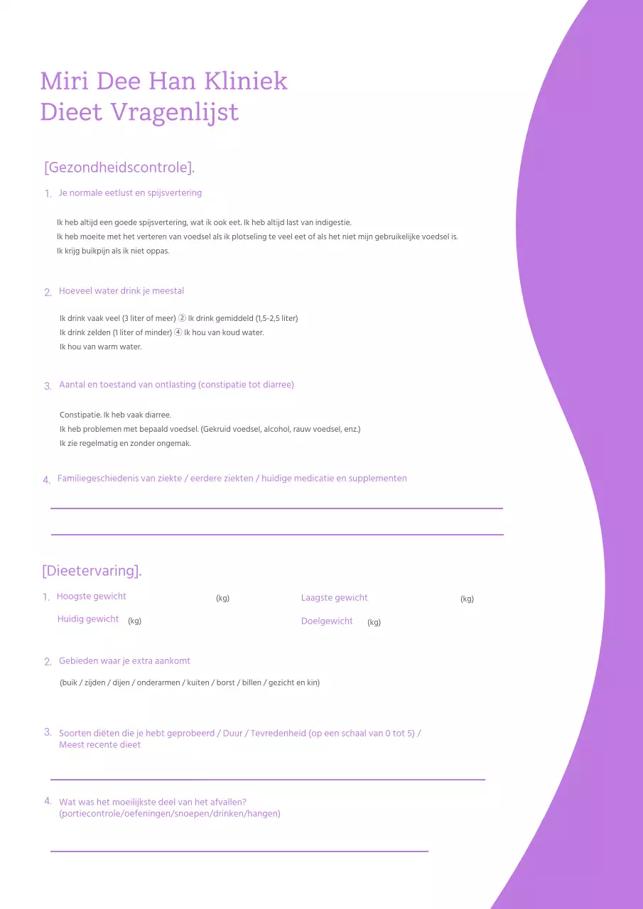 Mauve dieet vragenlijst gezondheidskliniek document template