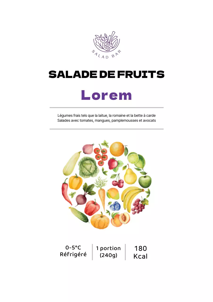 Affiche de conception d'une étiquette de salade de fruits simple en blanc