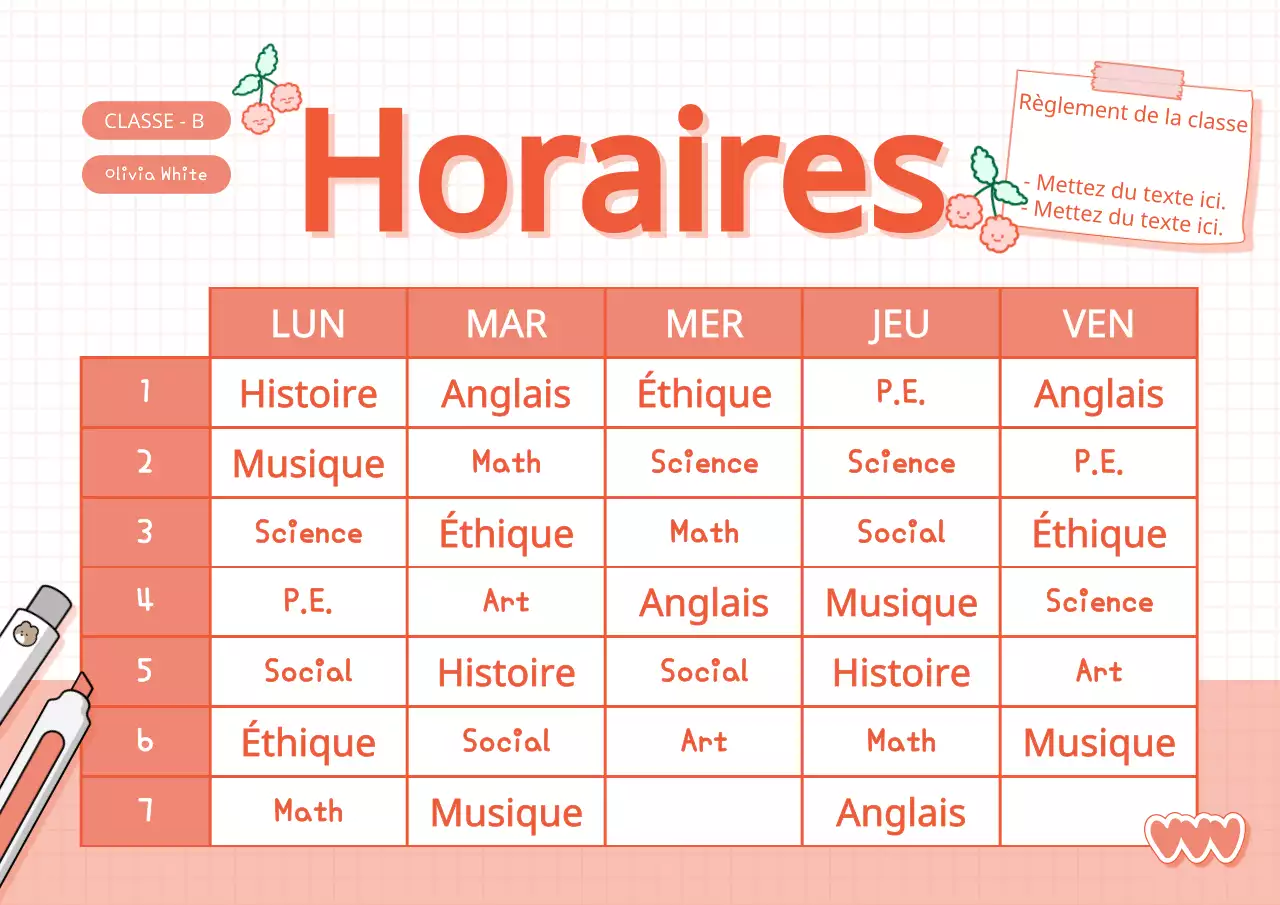 Emploi du temps scolaire avec un concept d'agenda mignon