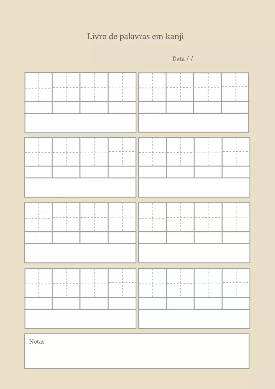 Cartaz de parede com desenho de palavras para praticar kanji simples em cor bege