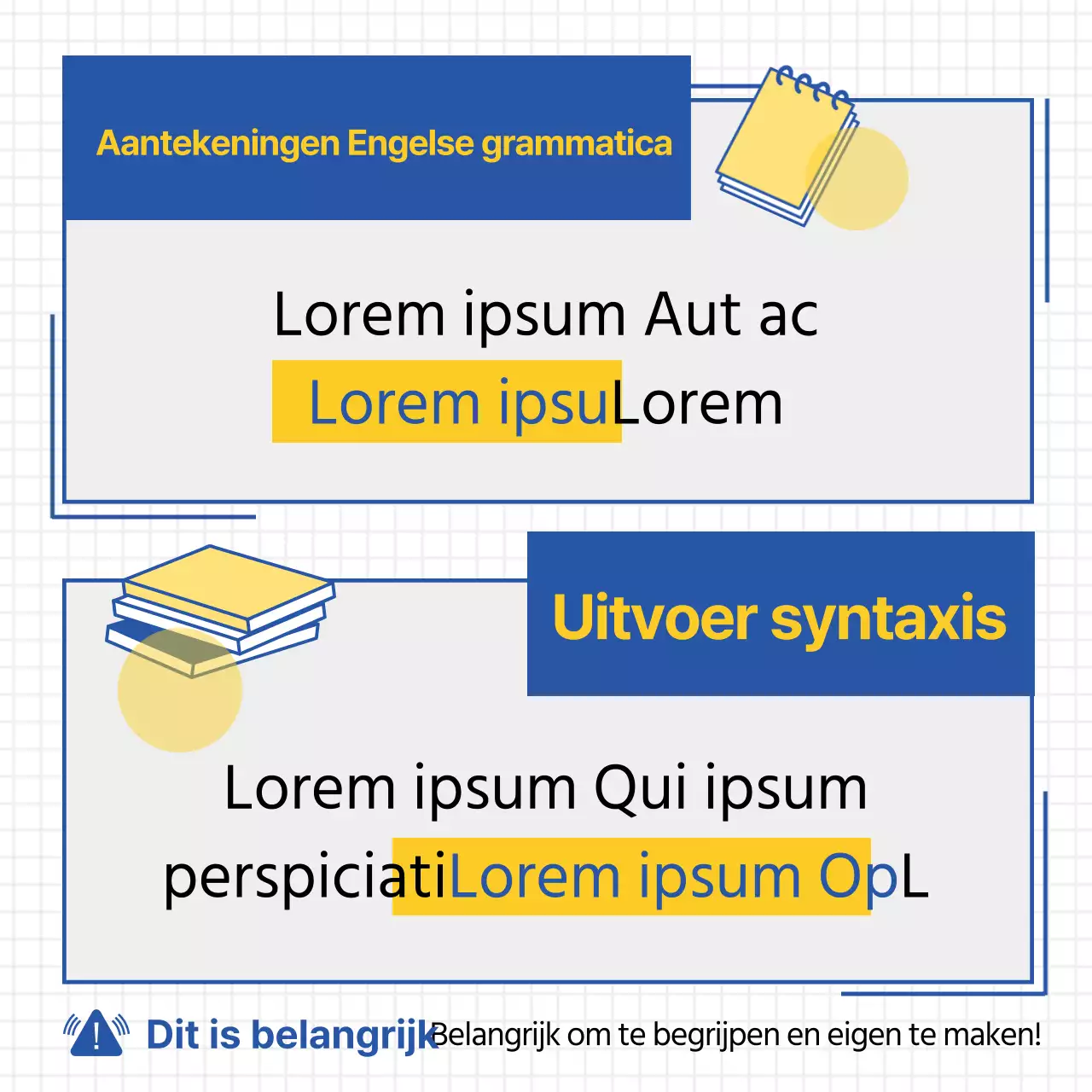 Eenvoudige lijnillustratie in geel en blauw om tips voor het leren van Engels te promoten