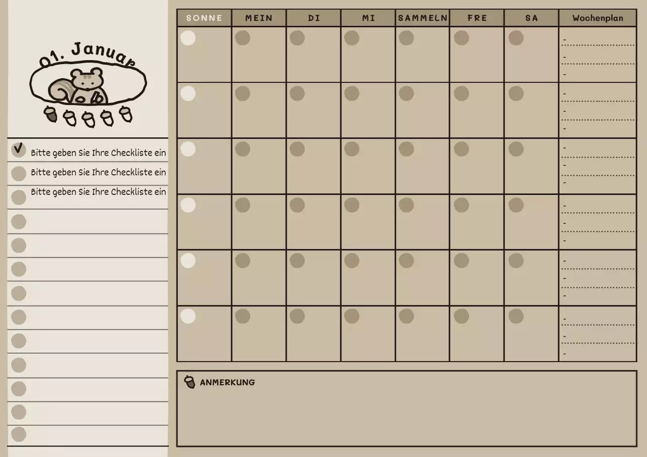 Niedlicher illustrierter Monatsplaner in Beige-Braun