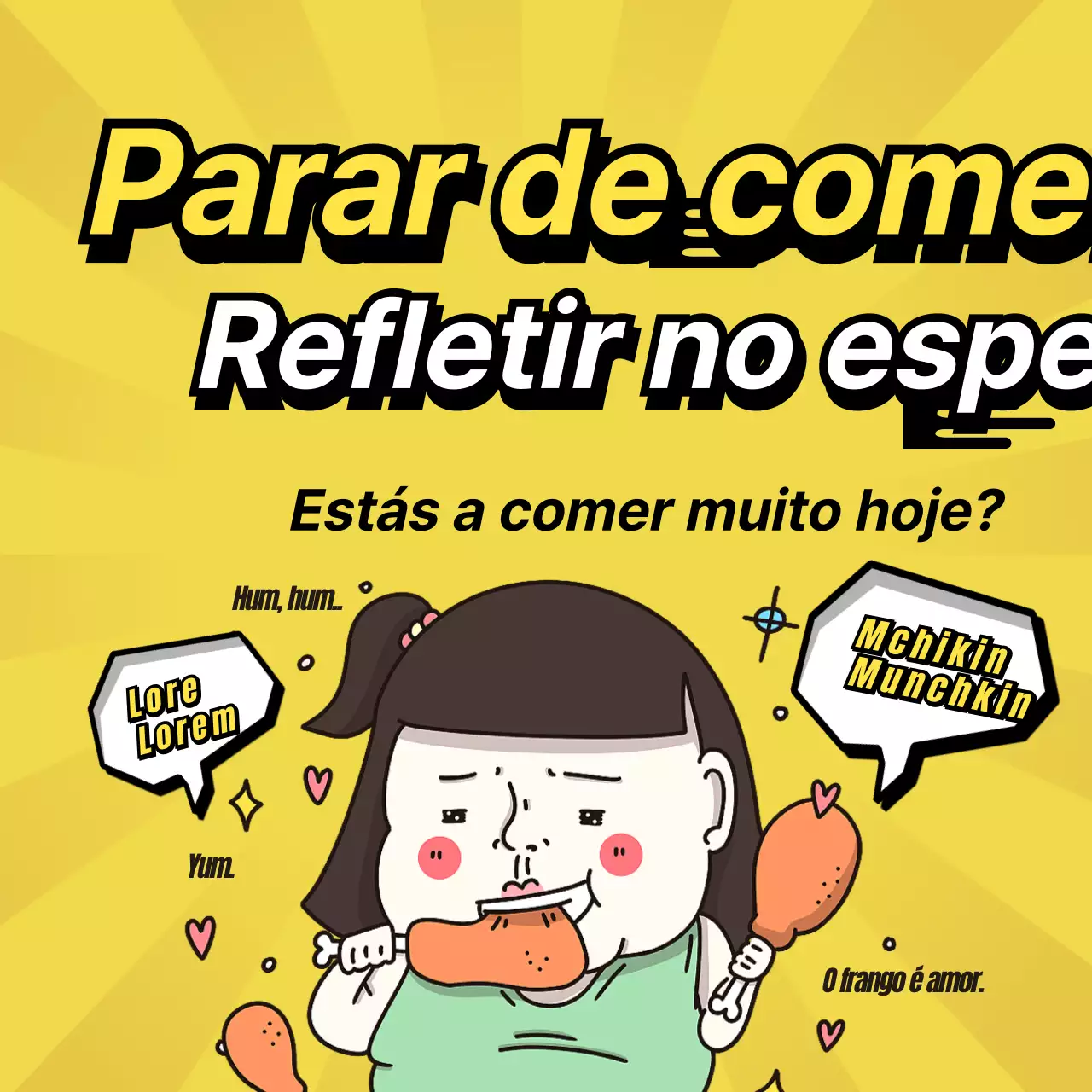 Uma imagem promocional limpa, amarela e preta de uma personagem motivadora de dieta