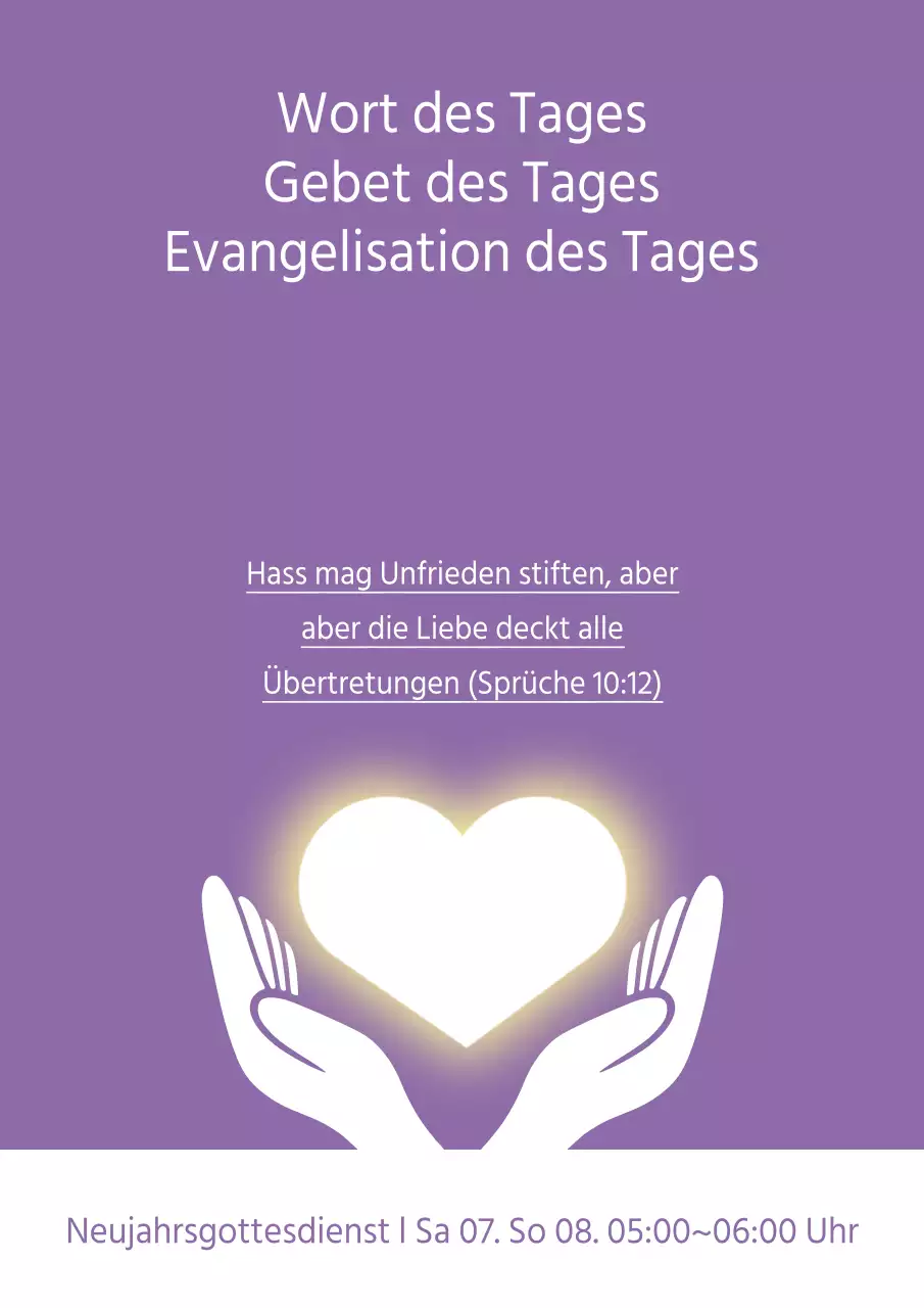 Werbung für einen besonderen Neujahrsgottesdienst mit einer Illustration eines lila Herzens und einer Hand.