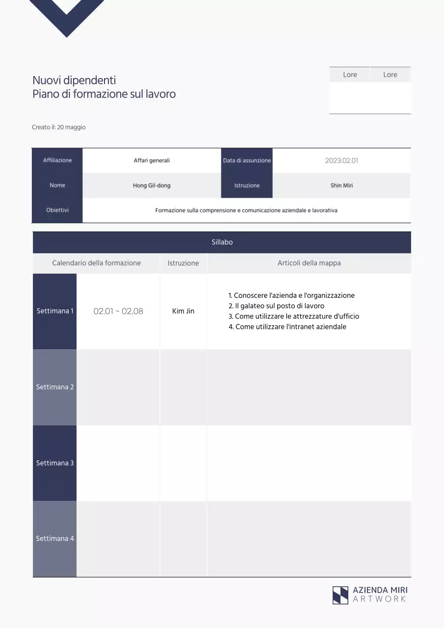 Piano di formazione sul lavoro per i nuovi dipendenti, ordinato e di colore blu navy