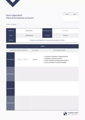 Piano di formazione sul lavoro per i nuovi dipendenti, ordinato e di colore blu navy