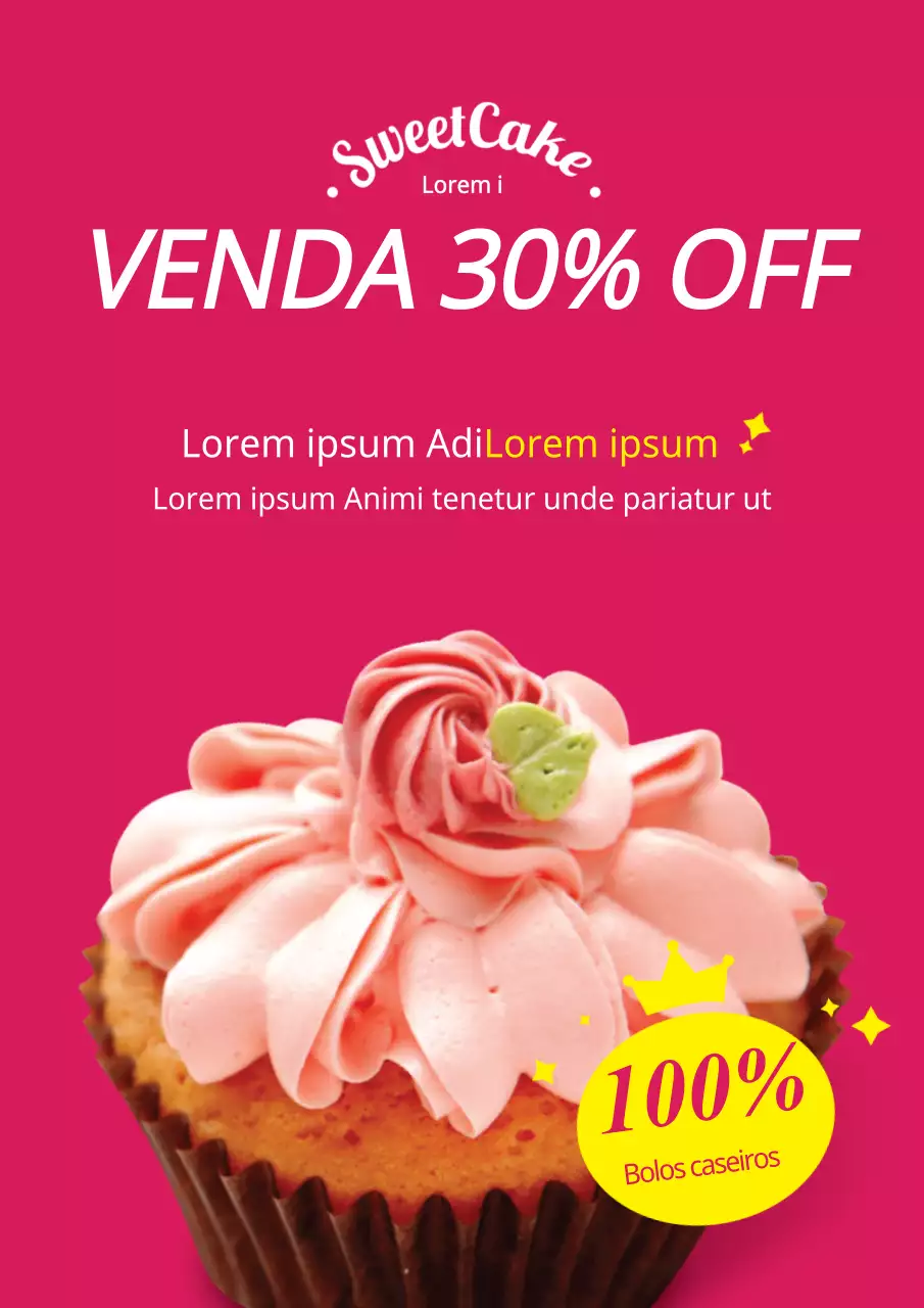 Folheto simples de venda de produtos de padaria e café em cor-de-rosa e amarelo