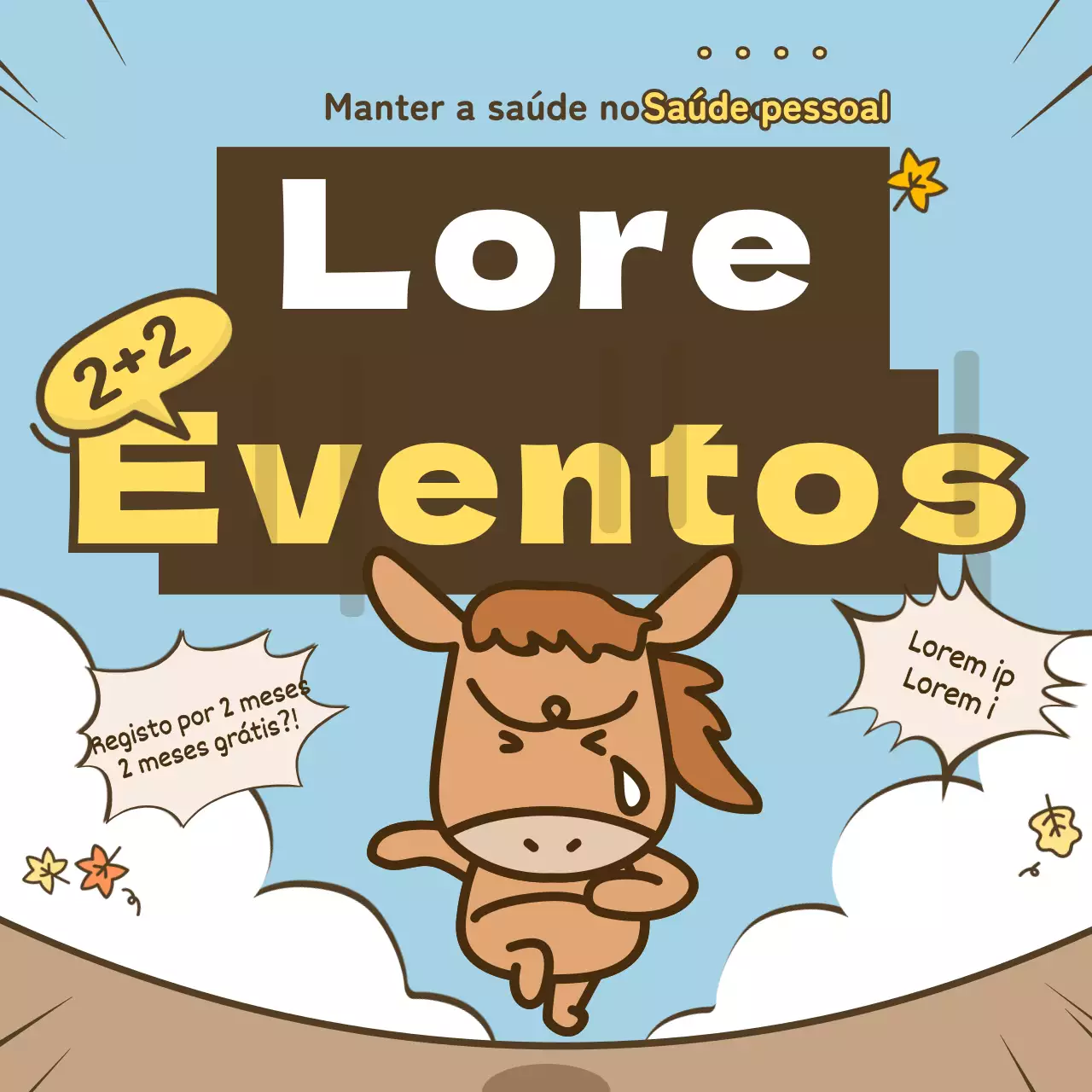 Evento de outono com ilustrações engraçadas em azul claro, castanho e amarelo