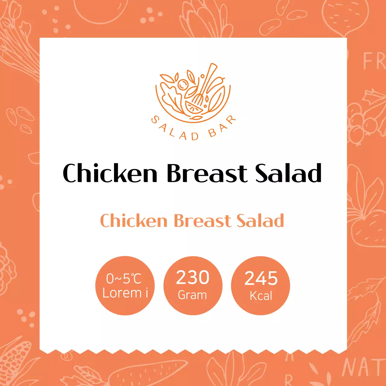 Label salad dada ayam bermotif oranye