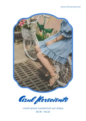 Cartel que promociona un descuento en elegantes prendas femeninas de una pieza en blanco y azul