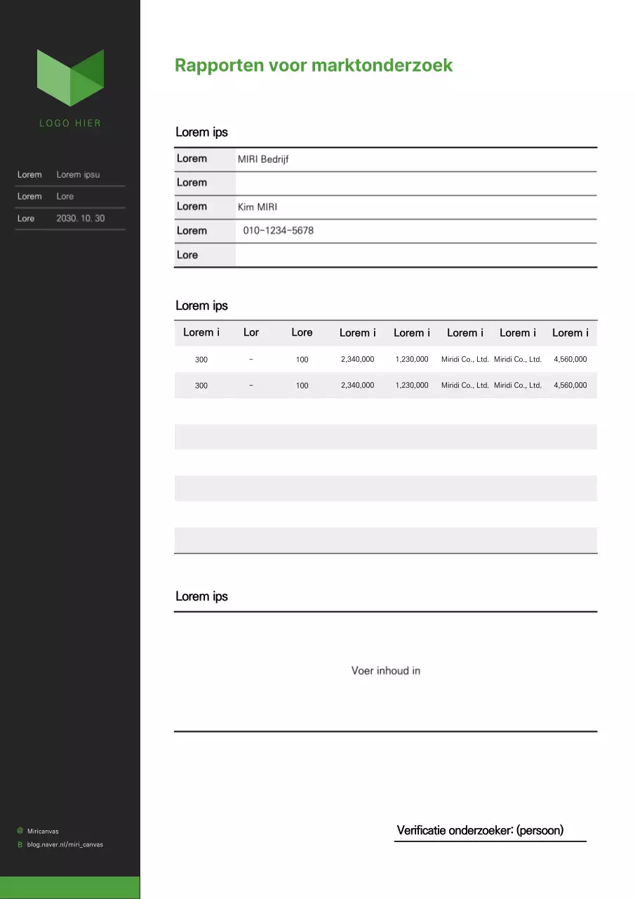 Sjabloon voor groen, bureaucratisch marktonderzoeksrapport