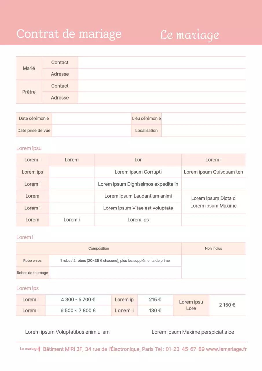Contrat de mariage en rose mariage mariage documents d'affaires