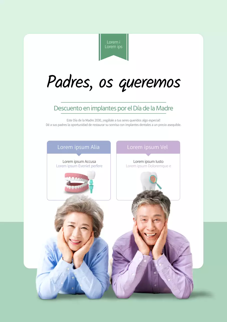 Venta de implantes dentales con una foto color menta de una pareja de ancianos felices
