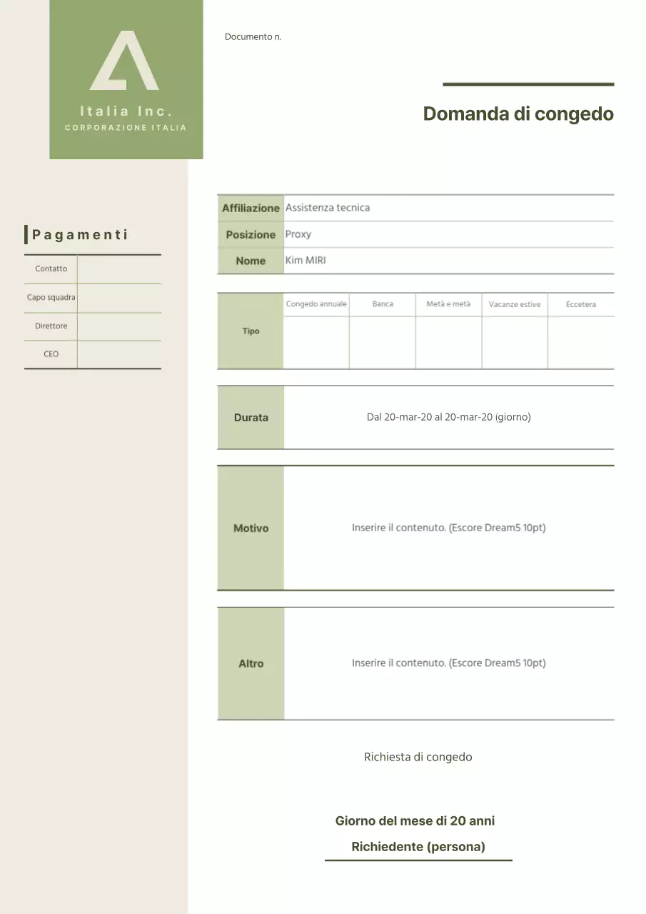 Verde Modulo di richiesta di congedo semplice e pulito