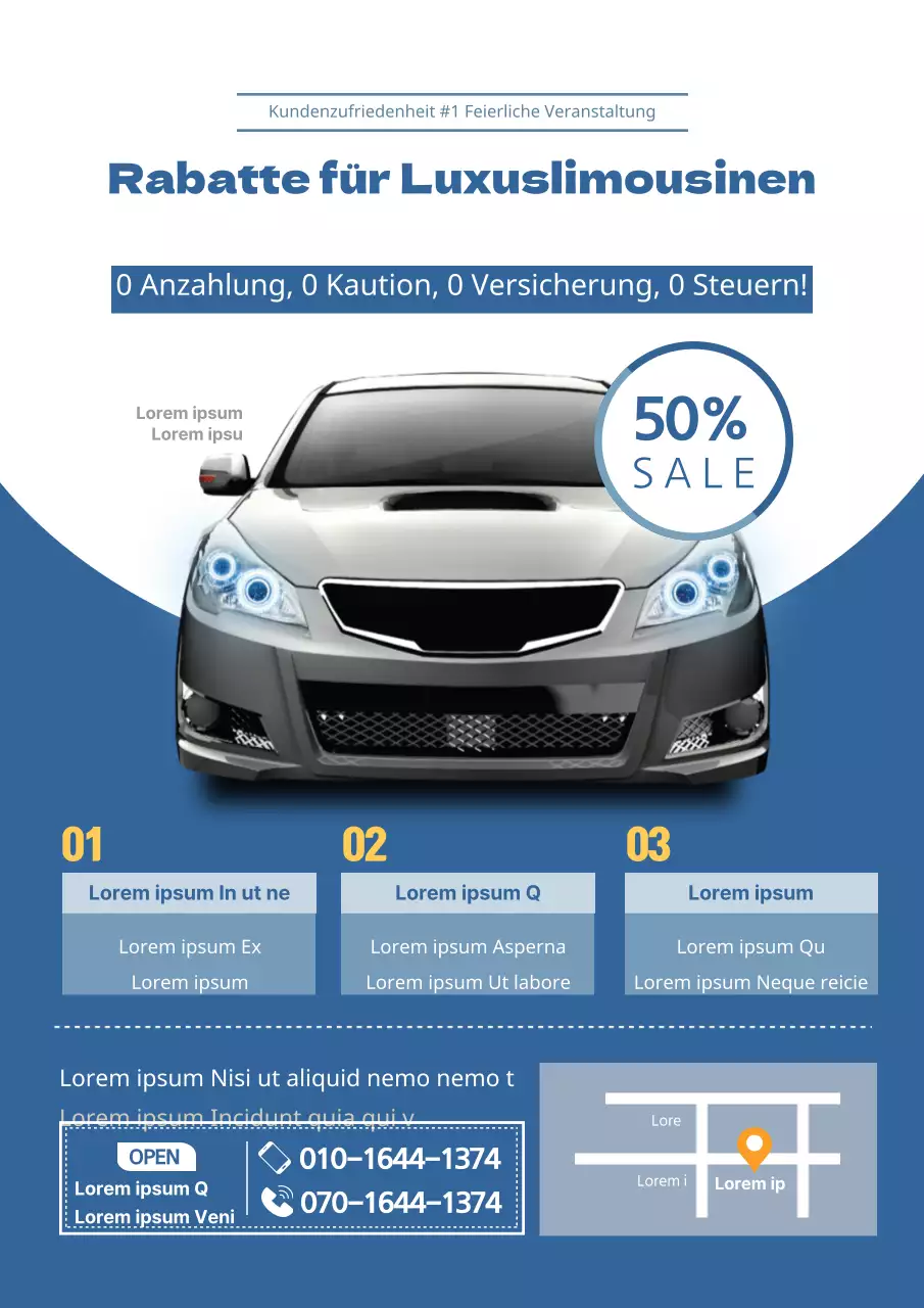 Moderner, blauer Autovermietungsflyer, der für eine kostenlose Veranstaltung wirbt