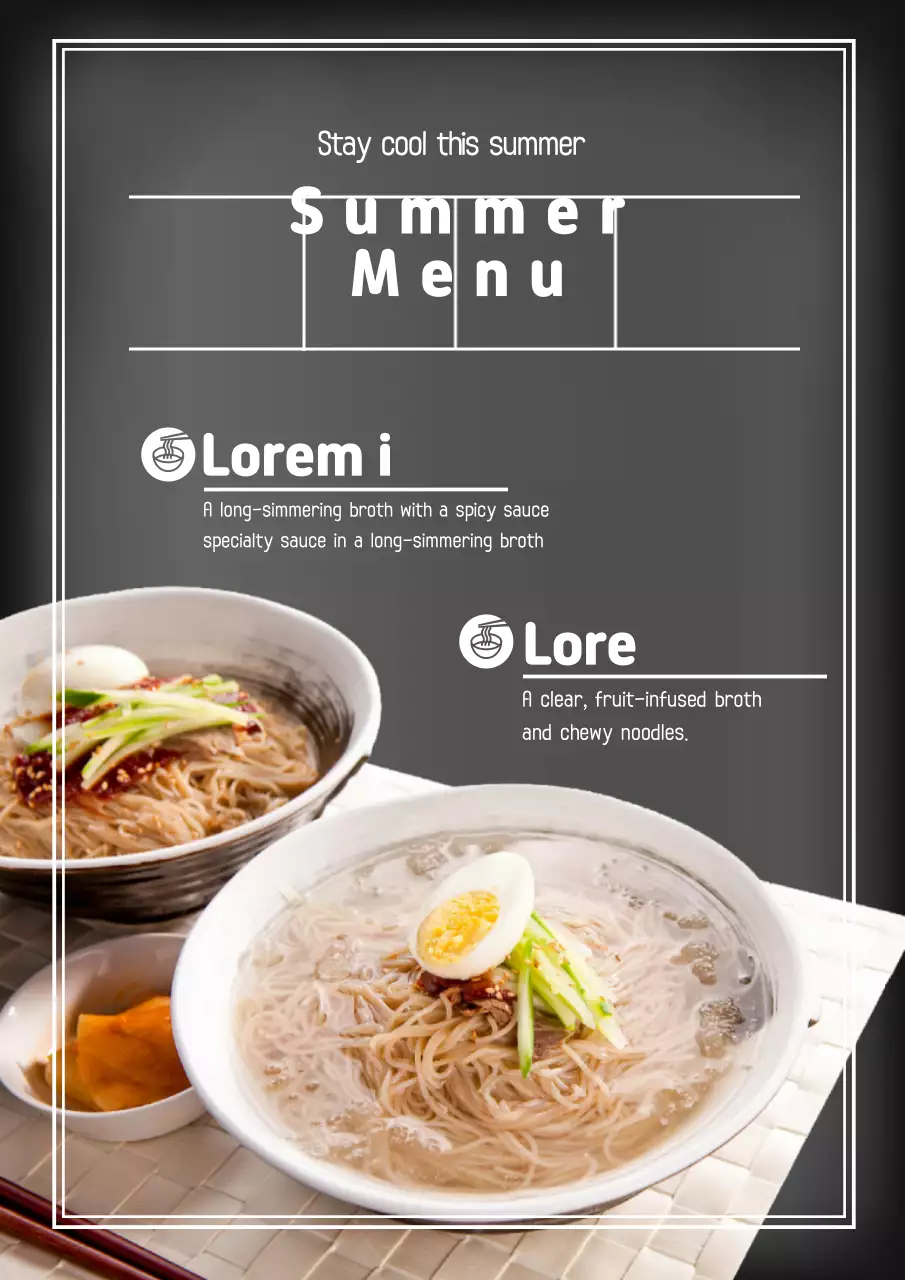 Thực đơn mì lạnh với ý tưởng làm nổi bật ảnh màu xám