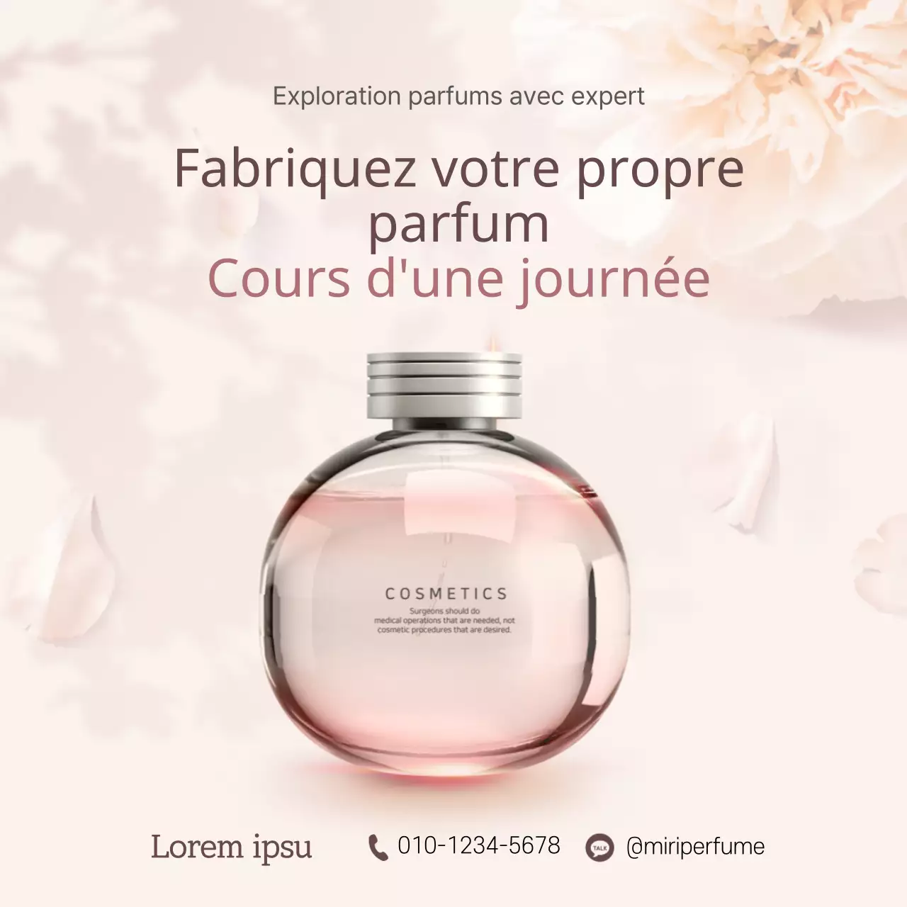 Conception promotionnelle pour un cours d'une journée sur la création de son propre parfum dans des tons roses clairs