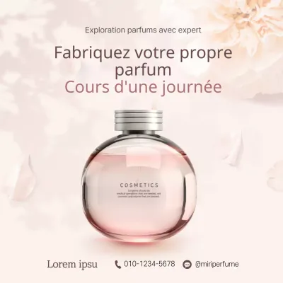 Conception promotionnelle pour un cours d'une journée sur la création de son propre parfum dans des tons roses clairs