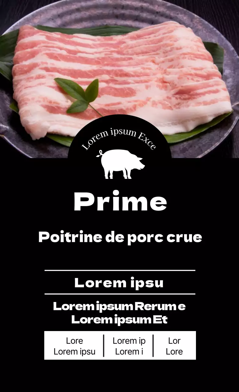 Étiquette alimentaire pour poitrine de porc avec photo noire