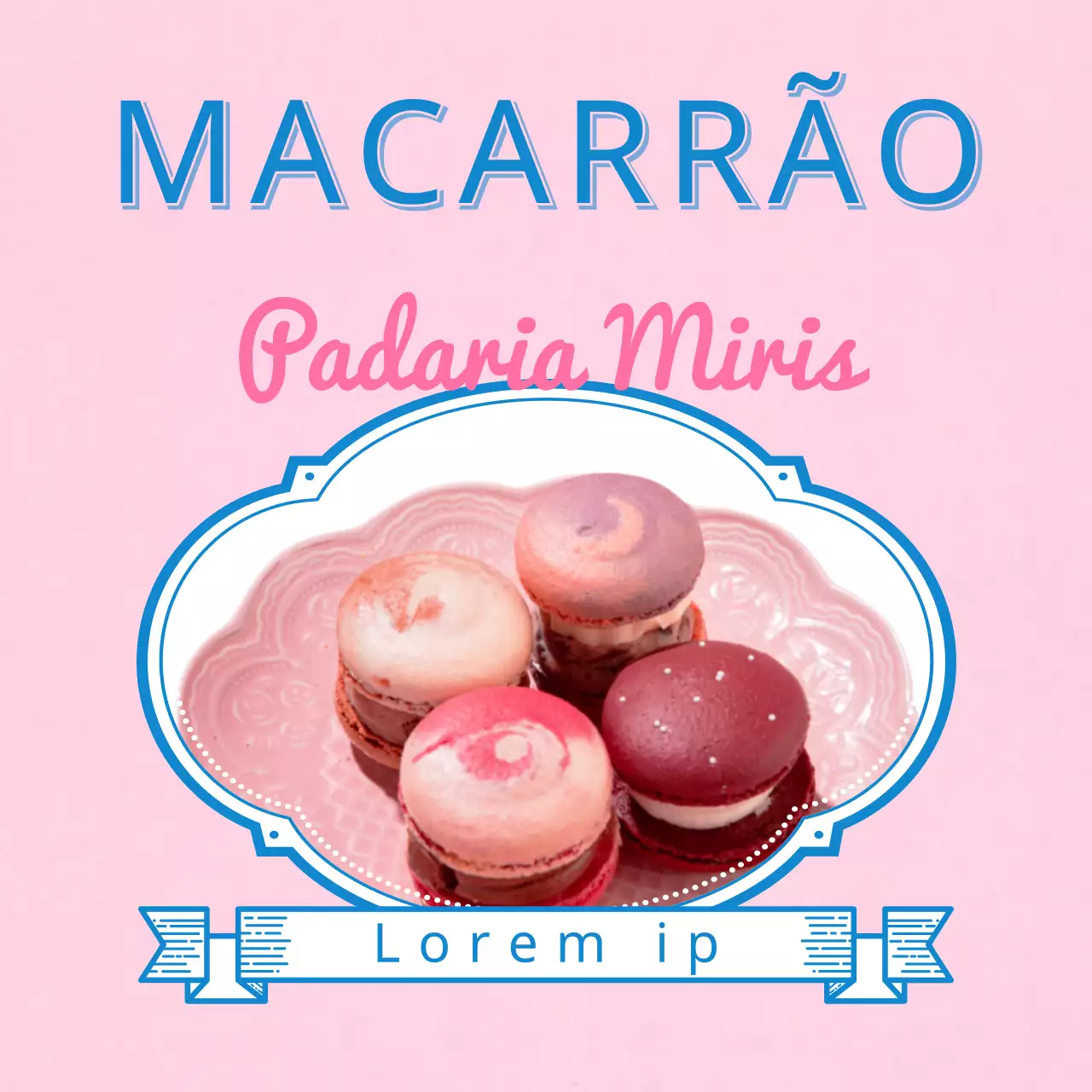 Um café de macarons com um título cor-de-rosa e azul