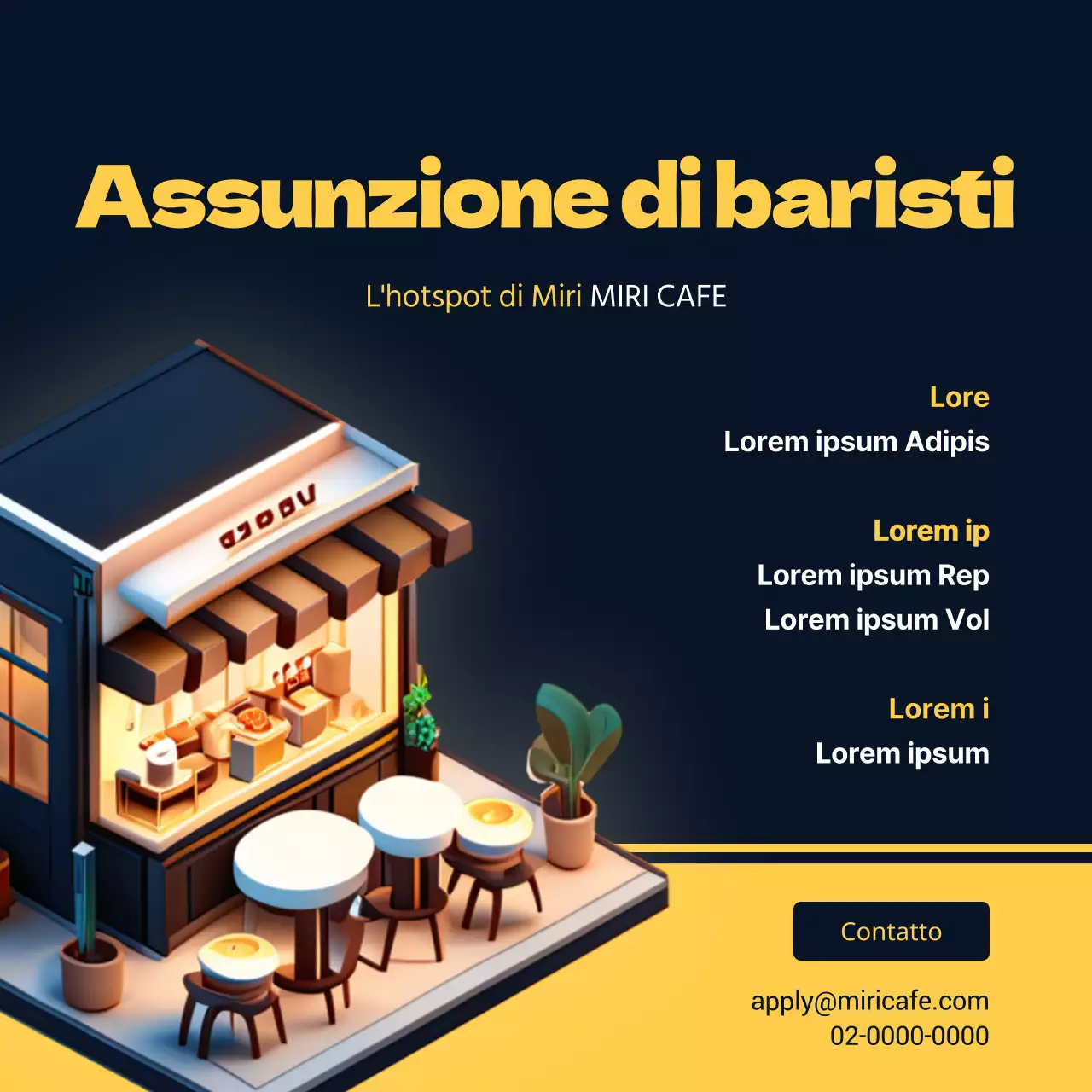 Guida al reclutamento di baristi pulita con sfondo combinato blu navy e giallo V2