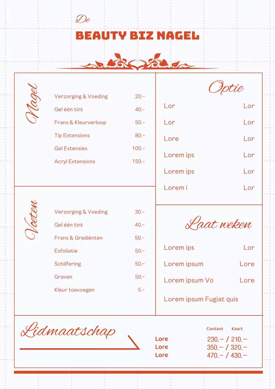 Menubord nagelsalon met rode lijnen