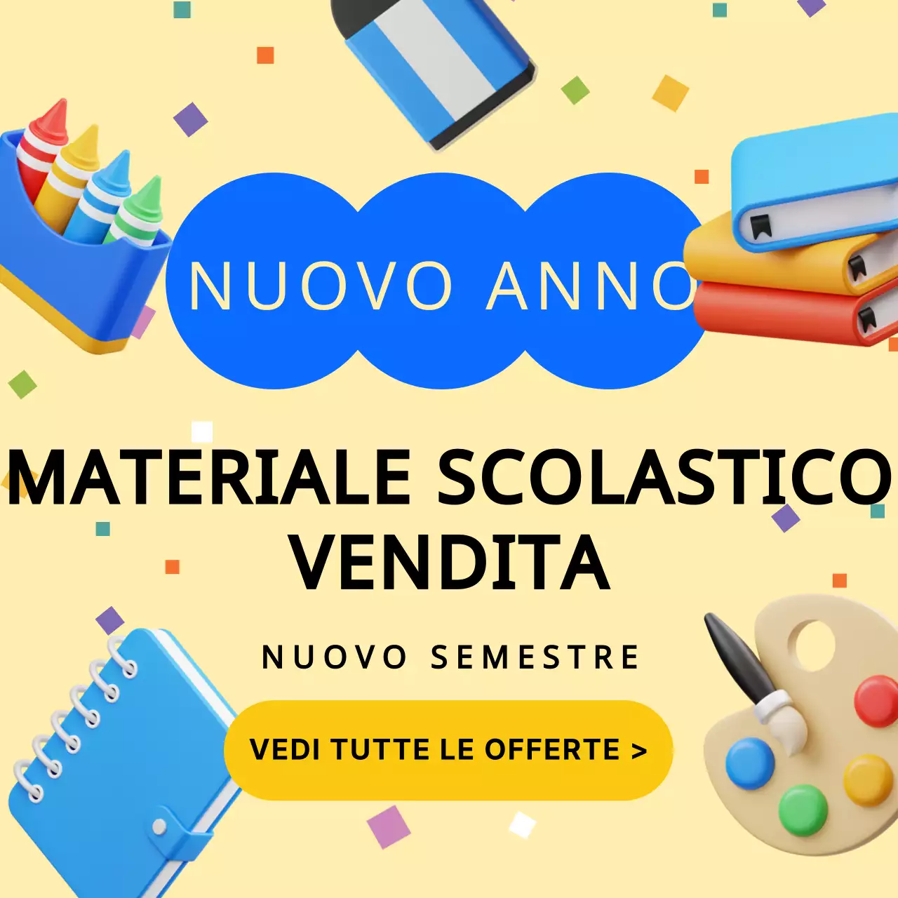Mostra tridimensionale di materiale scolastico giallo e blu in 3D