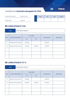 Vierteljährlicher Haushaltsvollzugsplan im blauen Grafikstil