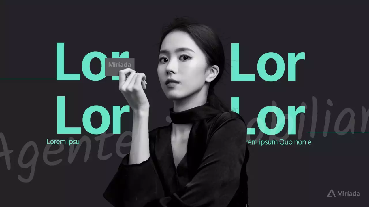 Miniatura de YouTube de modelo femenino sosteniendo tarjetas de visita con agente de bienes raíces menta papelería de color sobre fondo negro