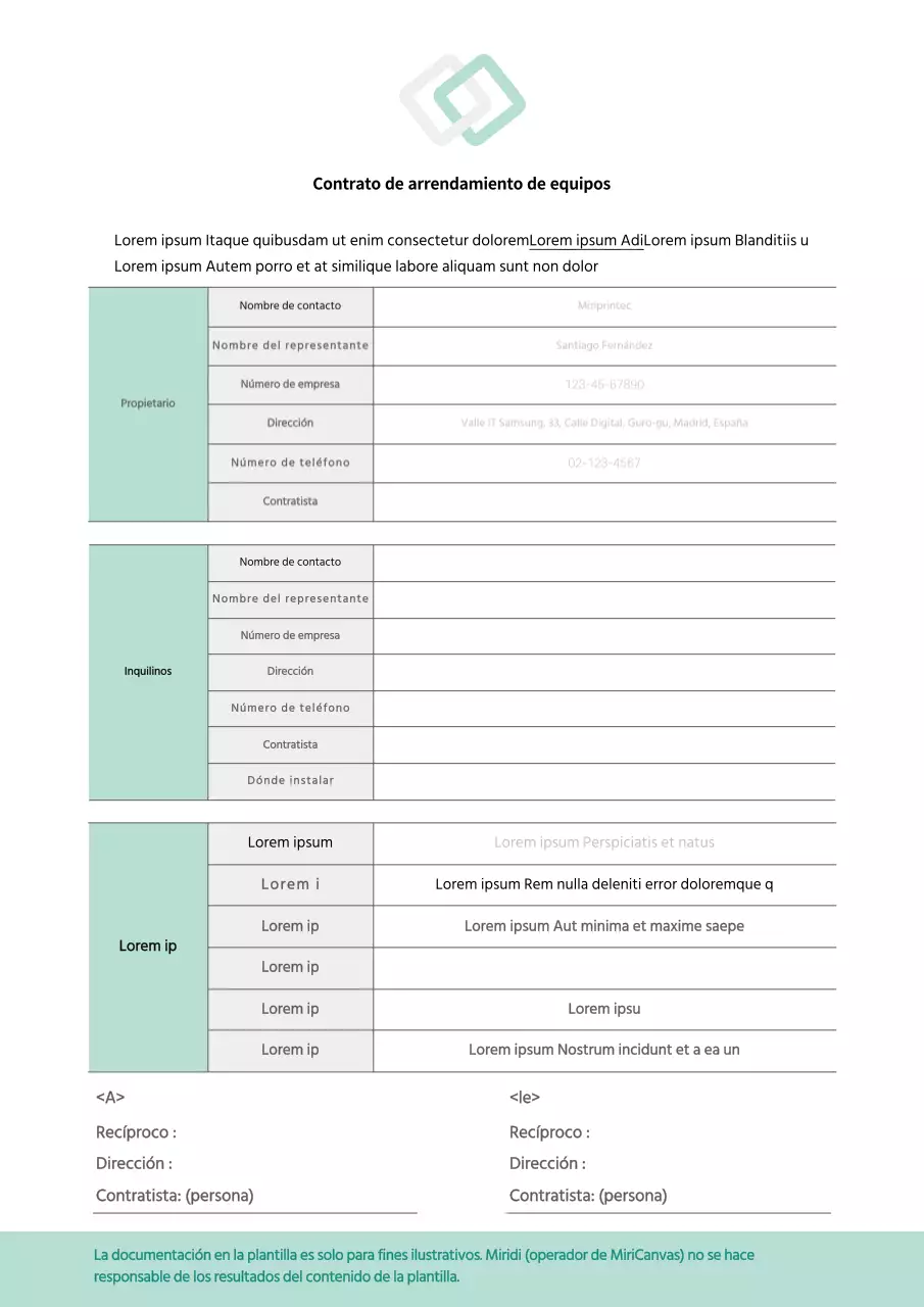 Contrato de arrendamiento de equipos documento comercial de arrendamiento de equipos en tonos grises y verdes