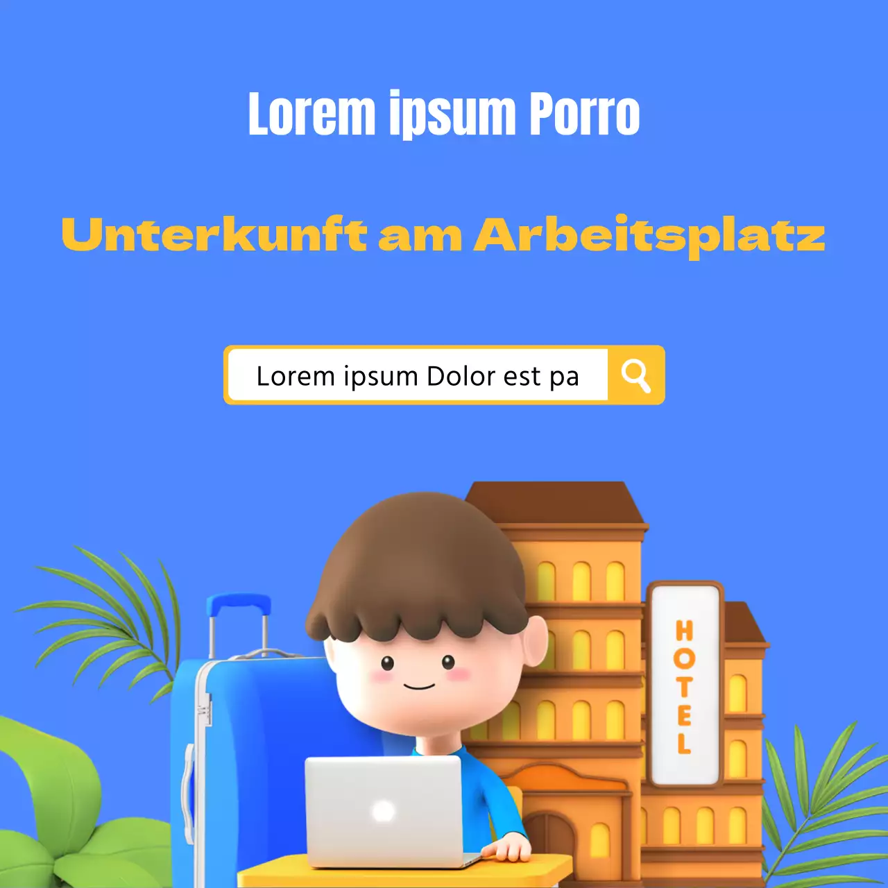 Niedliche blaue Illustrationen für die Buchung eines Arbeitsferienhauses