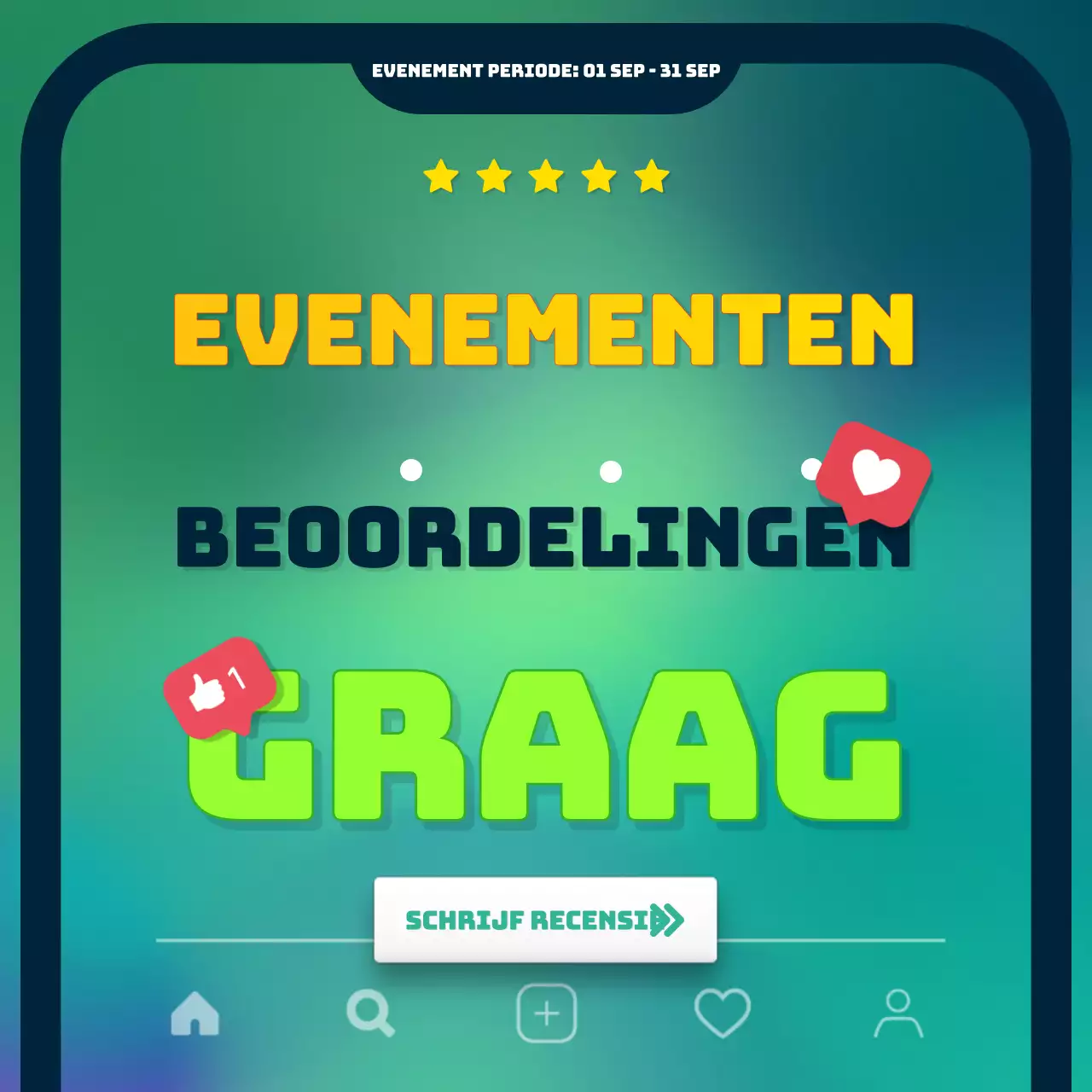 Herzie de sociale-mediapleinen voor evenementpromotie met een fris groen en geel kleurenschema, met de nadruk op titels