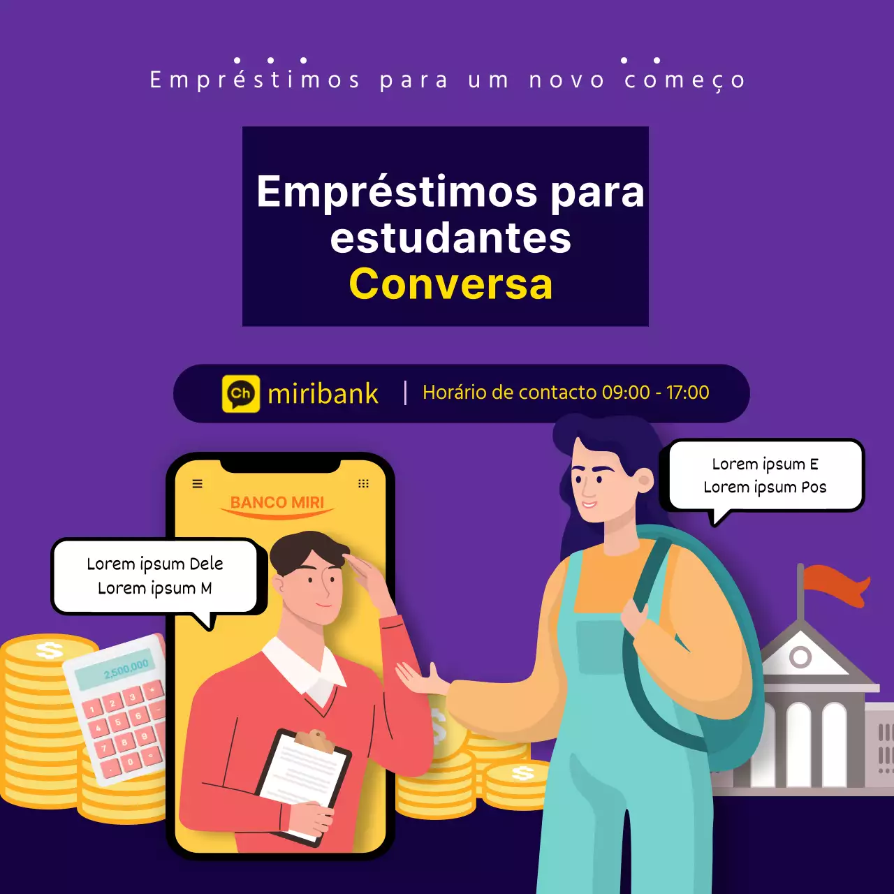 Aconselhamento sobre empréstimos a estudantes com fundo roxo conselheiro e ilustração de um estudante