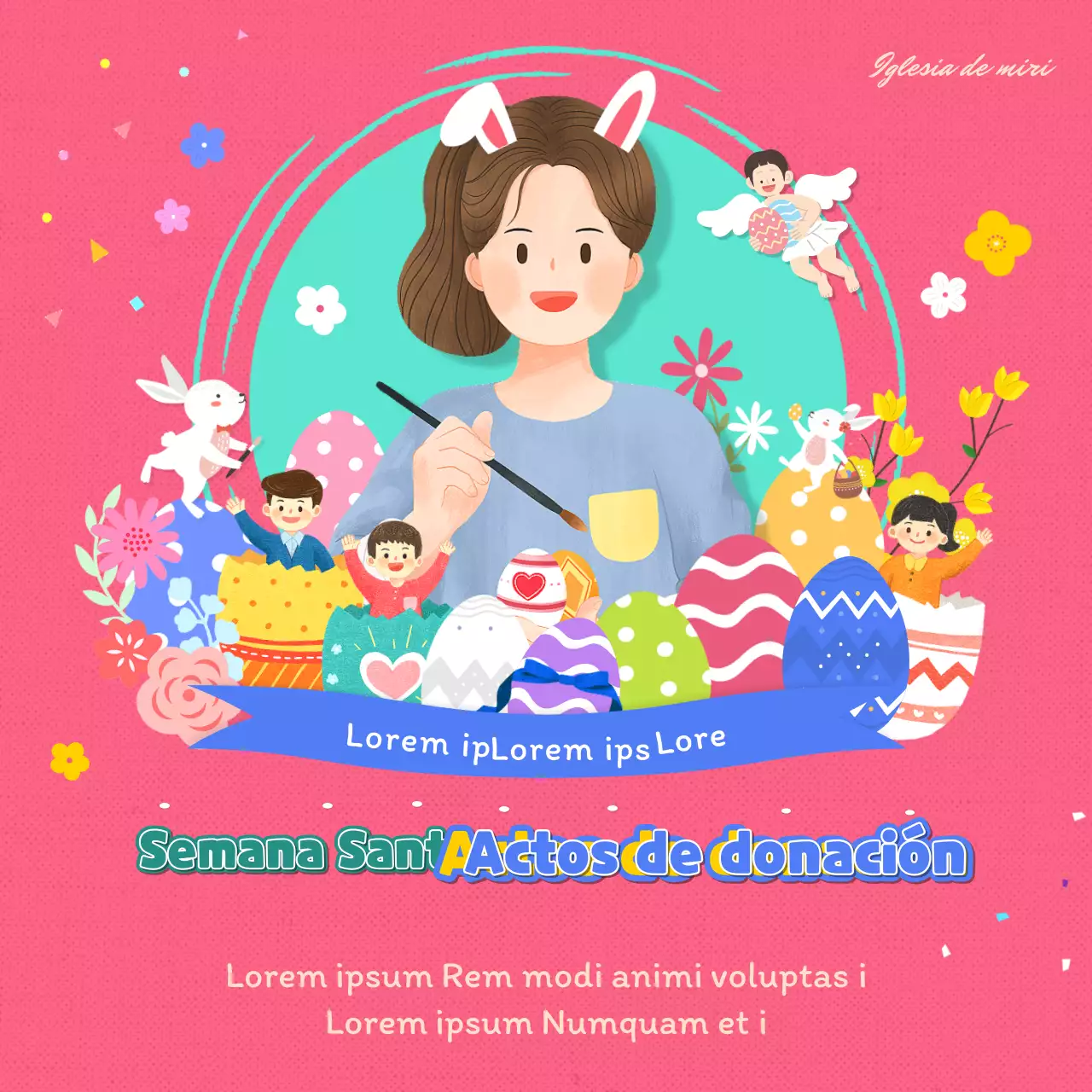 Celebraciones de Pascua en las redes sociales con simpáticas ilustraciones en rosa y menta.